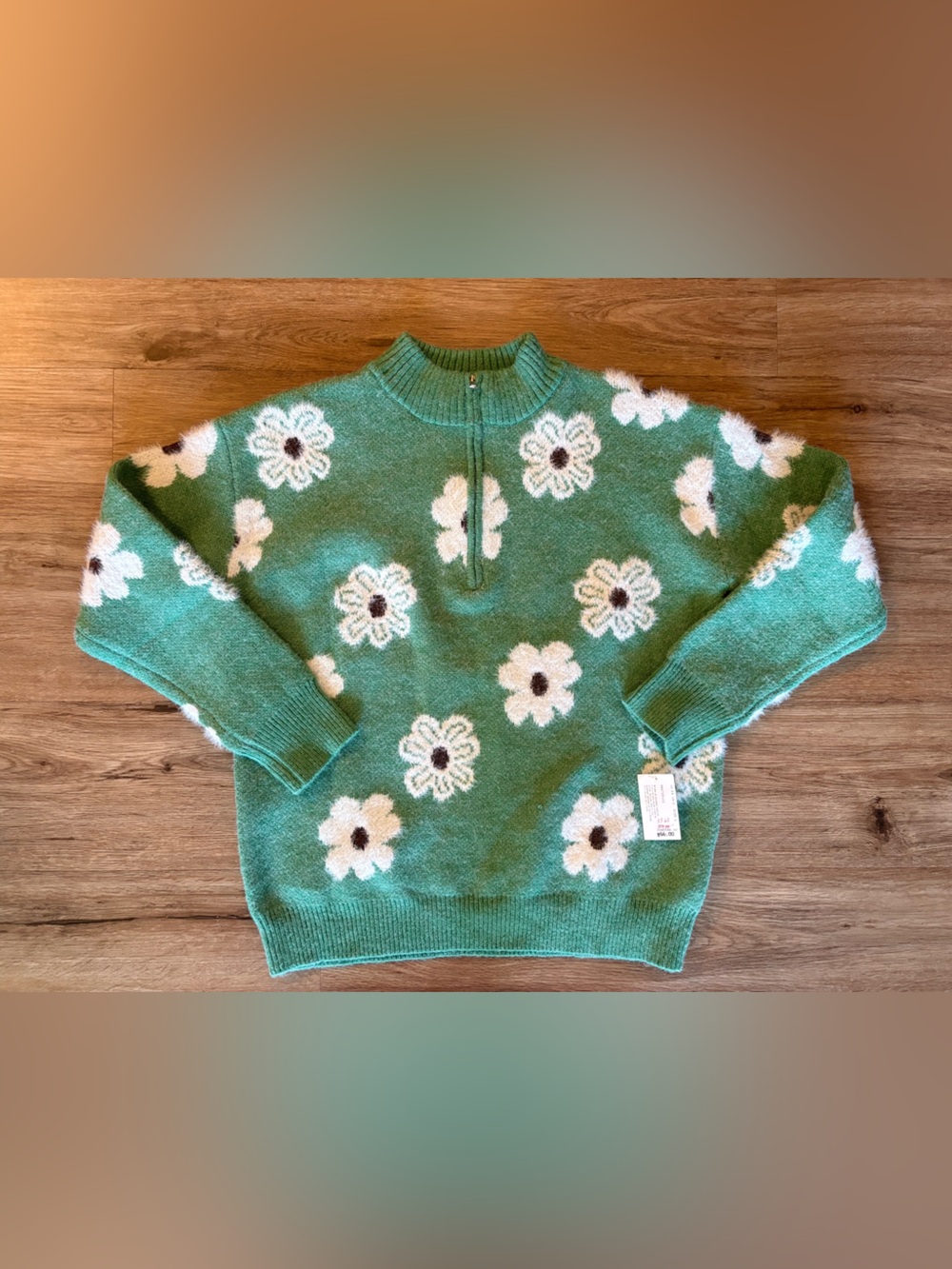 BloomChic Green Floral Pattern Half Zip Drop Shoulder Eyelash Knit Sweater